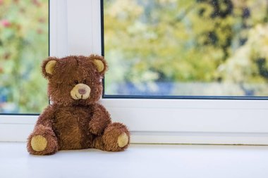 Boz ayı oyuncağı pencere pervazında oturur