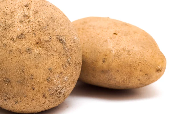 Zwei rohe frische Kartoffeln isoliert auf weißem Hintergrund — Stockfoto