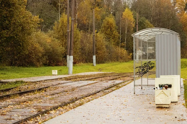 가을 숲에 있는 전차 및 역 — 스톡 사진