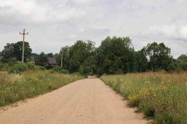 Bir tarla ve orman arasında kırsal kumlu yol