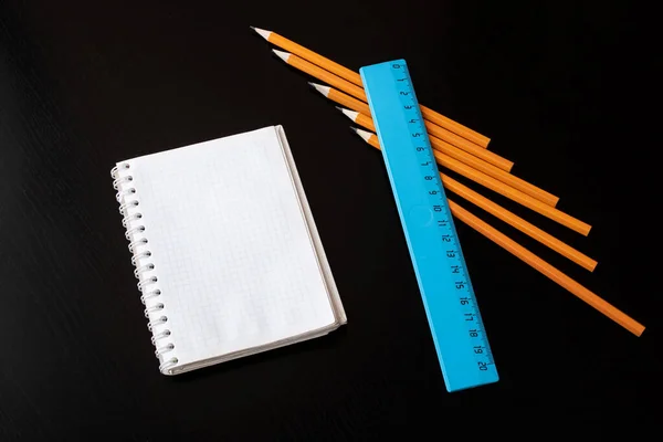 Notepad Pencils Ruler Wooden Table — Stock Photo, Image
