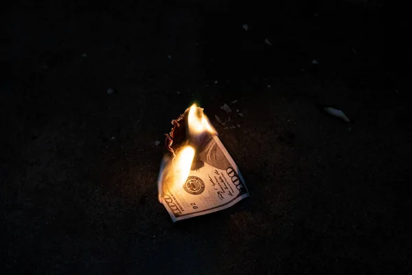 Burning Dollar Bill Concrete Floor Close — Stock Photo, Image