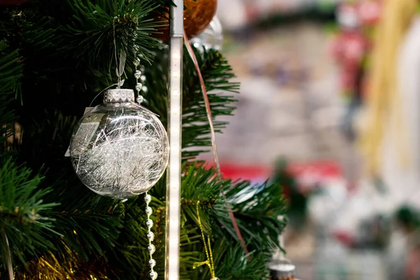 Christmas Ball Spruce Branch Closeup Copy Space — Stok Foto