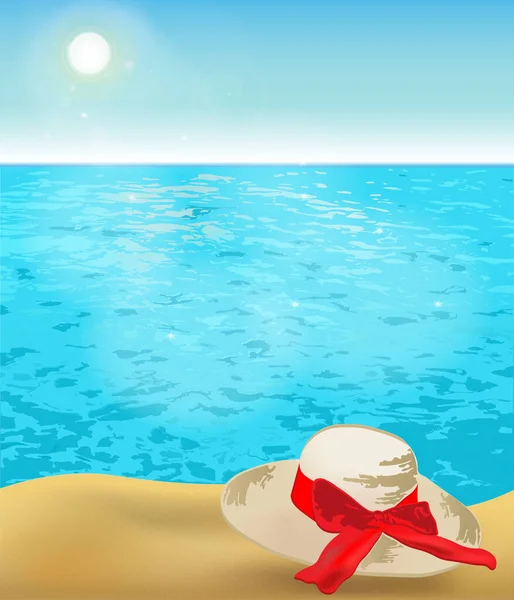 Sunny Beach Summer Hat Sand Clear Sky Sparkling Blue Sea — Stock Vector