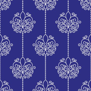 Mavi ve beyaz çiçek dikişsiz desen. Vintage vektör, lüks unsurlar. Kumaş, davetiye, el ilanı, menü, broşür, arka plan, duvar kağıdı, dekorasyon, ambalaj veya herhangi bir fikir için büyük.