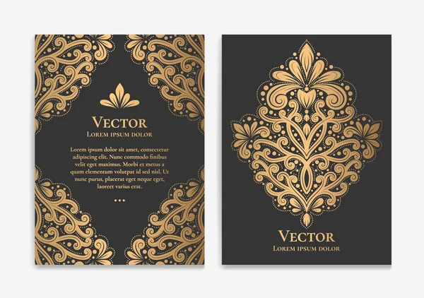 黒の背景を持つゴールドヴィンテージグリーティングカードのデザイン。豪華なベクター装飾テンプレート。マンダラ。招待、チラシ、メニュー、パンフレット、壁紙、装飾、または任意の所望のアイデアに最適. — ストックベクタ