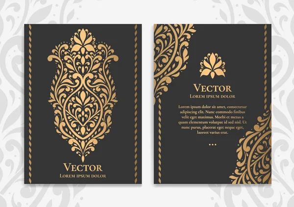 Projeto de cartão vintage dourado com um fundo preto. Modelo de ornamento vetor de luxo. Mandala. Ótimo para convite, folheto, menu, folheto, papel de parede, decoração ou qualquer ideia desejada . — Vetor de Stock