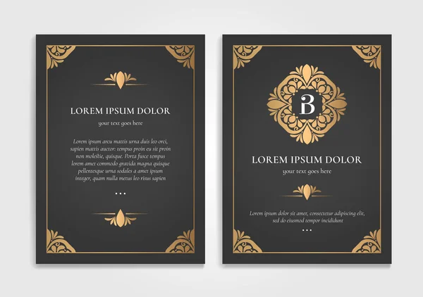 Diseño de tarjeta de felicitación vintage de oro con fondo negro. Plantilla de ornamento vector de lujo. Mandala. Ideal para invitación, volante, menú, folleto, papel pintado, decoración, o cualquier idea deseada . — Archivo Imágenes Vectoriales