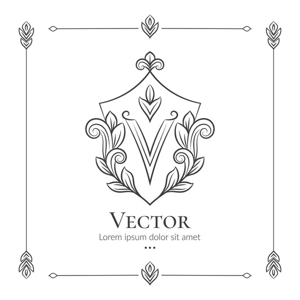 Emblema del escudo lineal. V carta. Elegante, vector clásico. Se puede utilizar para la industria de la joyería, la belleza y la moda. Ideal para logotipo, monograma, invitación, folleto, menú, fondo o cualquier idea deseada . — Vector de stock