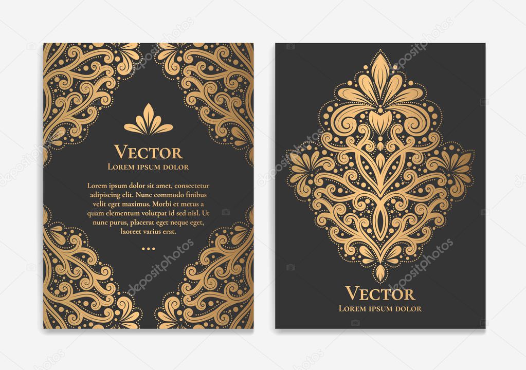 Gold vintage greeting card design with a black background. Luxury vector ornament template. Mandala. Great for invitation, flyer, menu, brochure, wallpaper, decoration, or any desired idea.