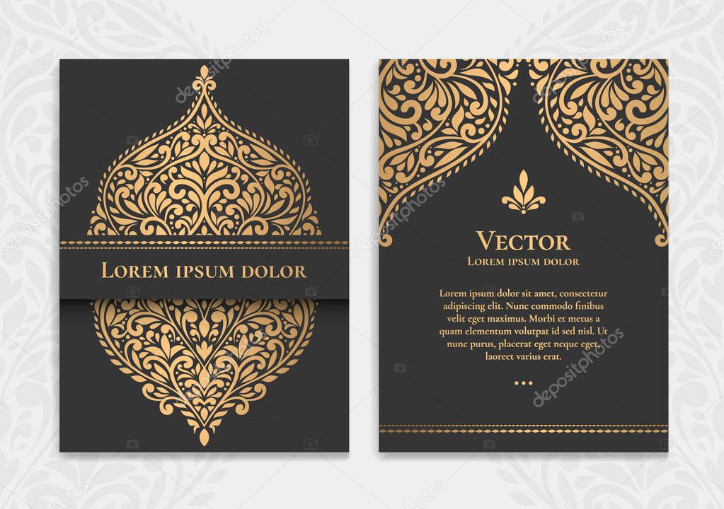Gold vintage greeting card design with a black background. Luxury vector ornament template. Mandala. Great for invitation, flyer, menu, brochure, wallpaper, decoration, or any desired idea.