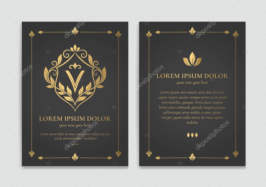 Gold vintage greeting card design with a black background. Luxury vector ornament template. Mandala. Great for invitation, flyer, menu, brochure, wallpaper, decoration, or any desired idea.
