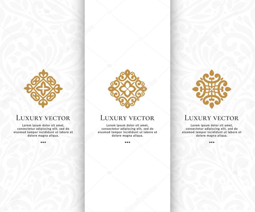 Vector set of golden logo with elegant, classic elements. Can be used for emblem and monogram. Great for invitation, flyer, menu, brochure, background or any desired idea.