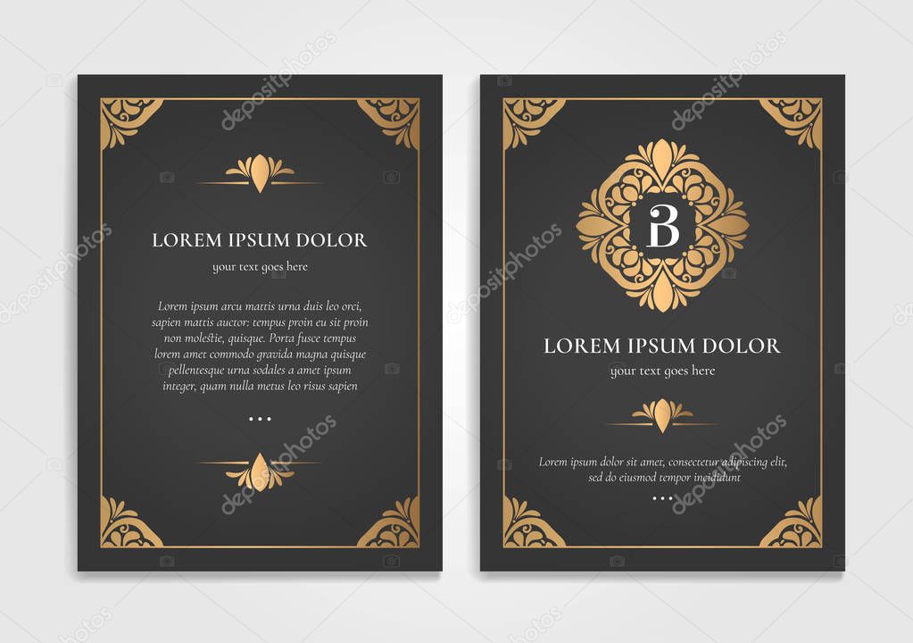 Gold vintage greeting card design with a black background. Luxury vector ornament template. Mandala. Great for invitation, flyer, menu, brochure, wallpaper, decoration, or any desired idea.
