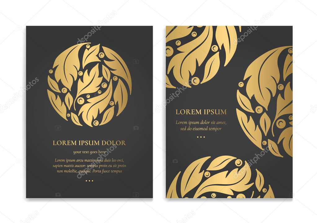 Gold vintage greeting card design with a black background. Luxury vector ornament template. Mandala. Great for invitation, flyer, menu, brochure, wallpaper, decoration, or any desired idea.