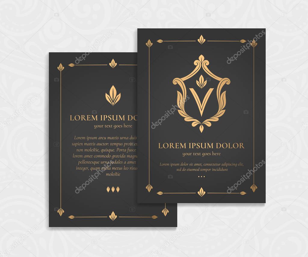 Gold vintage greeting card design with a black background. Luxury vector ornament template. Mandala. Great for invitation, flyer, menu, brochure, wallpaper, decoration, or any desired idea.