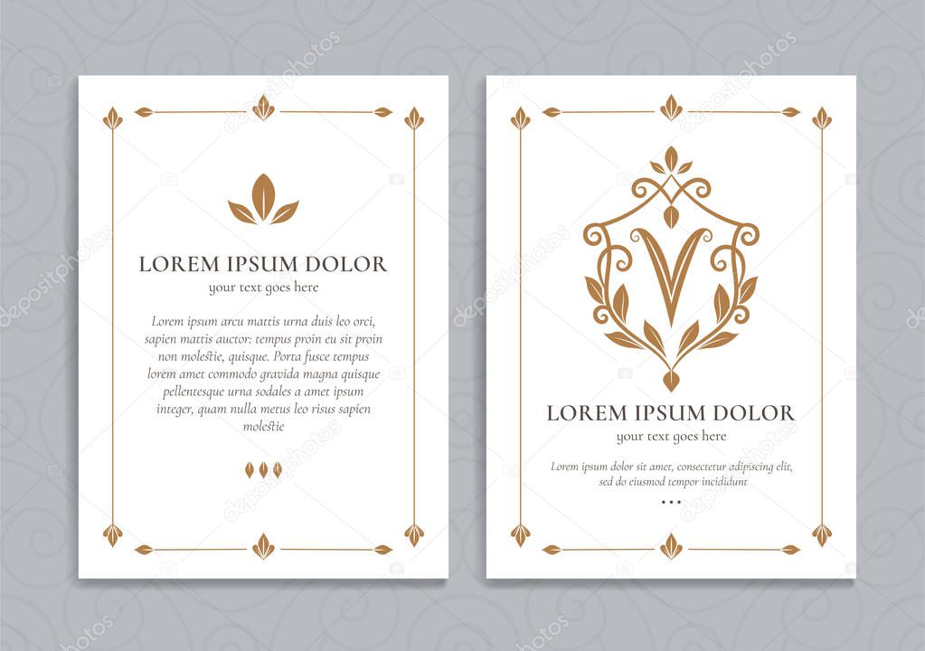 White and gold vintage greeting card. Letter V. Luxury vector shield ornament template. Monogram. Great for invitation, flyer, menu, brochure, wallpaper, background, decoration, or any desired idea.