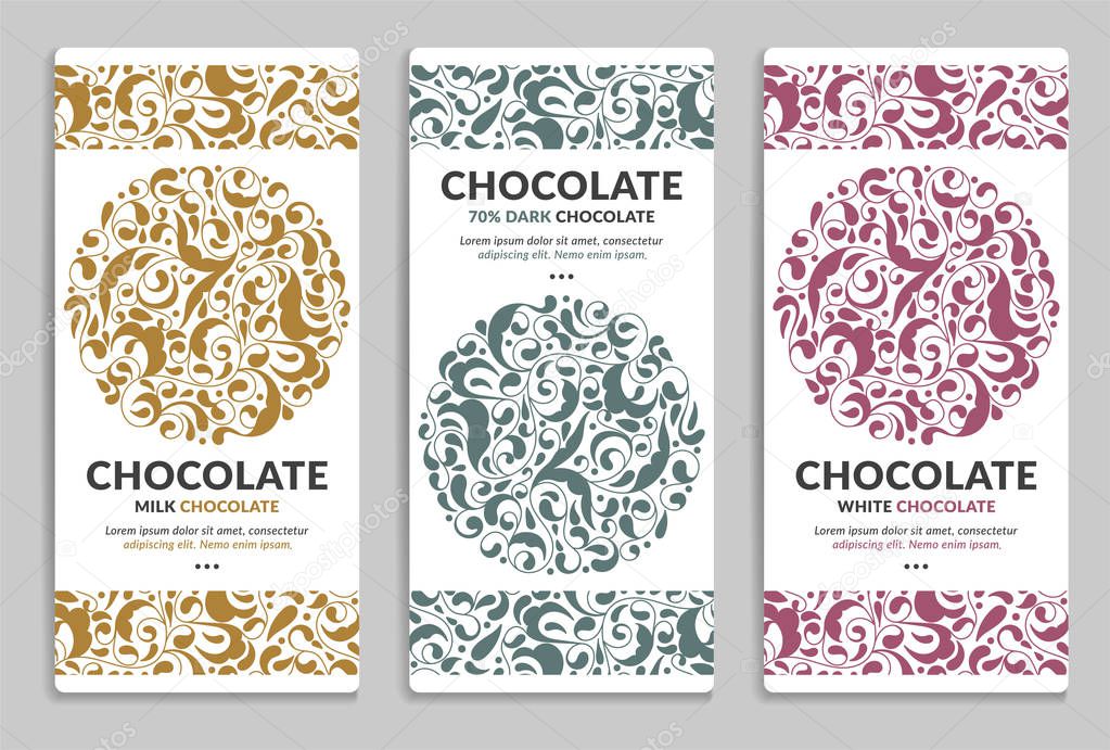 Vintage set of chocolate bar packaging design. Vector luxury template with ornament elements. Can be used for background and wallpaper. Great for food and drink package types.
