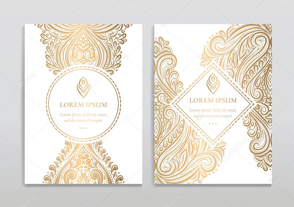 White vector greeting card with golden luxury ornament template. Great for invitation, flyer, menu, brochure, postcard, background, wallpaper, decoration, packaging or any desired idea.