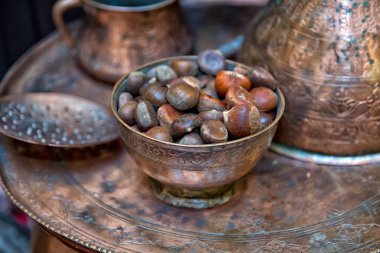 Eski vintage bakır kase. Bakır kaplar. Bakır kaşığı.