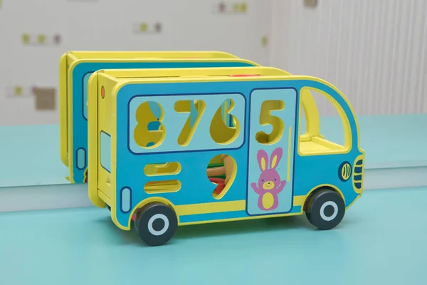 Ônibus Brinquedo Madeira Ônibus Brinquedo Blocos Madeira Carro Multicolor Transporte — Fotografia de Stock