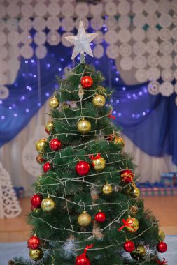 Kış tatil kavramı, süslü Noel ağacı iç. Noel kavramı iç odası. Neşeli stüdyo çekim renkli süsler ile Noel ağacı .