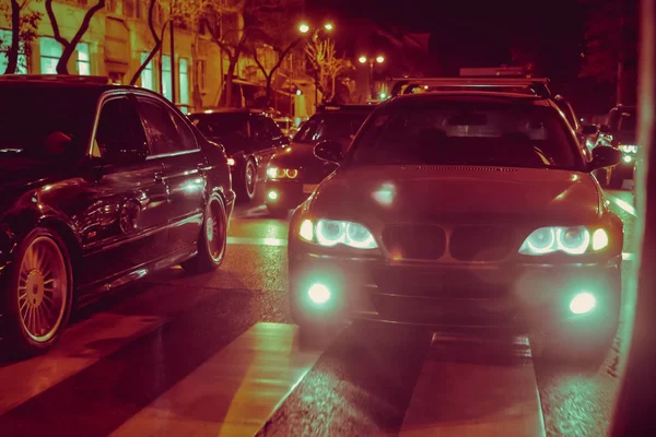 Autos Nachtstau Blick Hinter Die Autos Autos Sind Rot Gelbes — Stockfoto