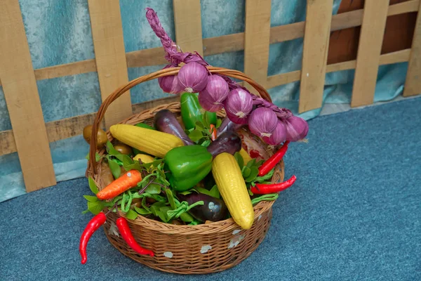 南瓜, 葡萄, 篮子, 红洋葱。南瓜, 红辣椒, 篮子, 红洋葱葡萄在篮子里. — 图库照片