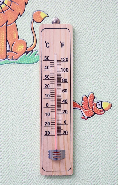 Wall thermometer on a frosty window. Meteorology thermometer isolated on white background. Thermometer shows air temperature plus 50 degrees celsius . — Stock Photo, Image