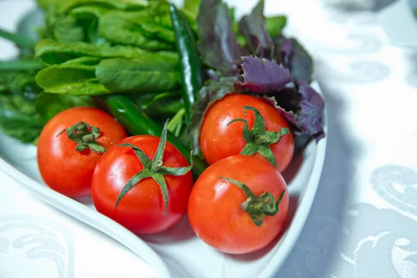 Tomato salad and herbs . Fresh tomatoes . Vegetable salad in the plate . — Stock Photo, Image