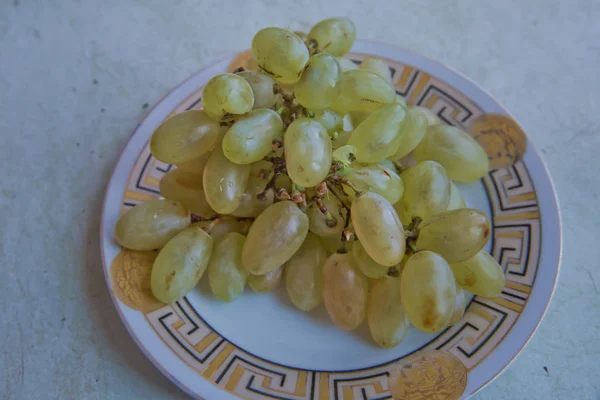 Piso tendido, vista superior, desde arriba. Ramo de uvas en un plato sobre la mesa. Uvas verdes recién recogidas en un plato en el sur. Uva verde en un plato blanco sobre una superficie de madera blanca, vista aérea . —  Fotos de Stock