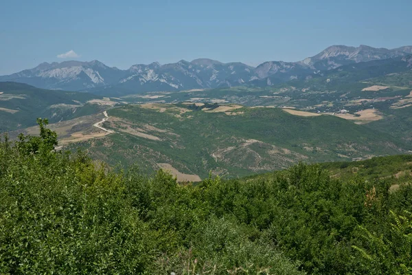 Yeşil dağlar mavi gökyüzü arka plan üzerinde orman ile kaplı. Panorama. Dağ yeşili vadi manzarası. Güzel dağ yeşilvadi panoraması. Yeşil dağlar ve dağın tepelerinde .