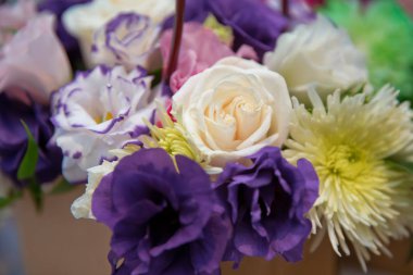 beyaz, mor güller. Mor, beyaz, sarı çiçekler. Mor, beyaz, sarı çiçek buketi .