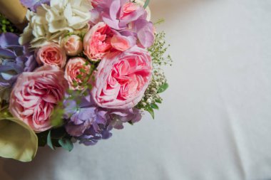 Beyaz bir arka plan üzerinde mor, pembe şakayık ile arka plan . Metin için pembe çiçek buketi .