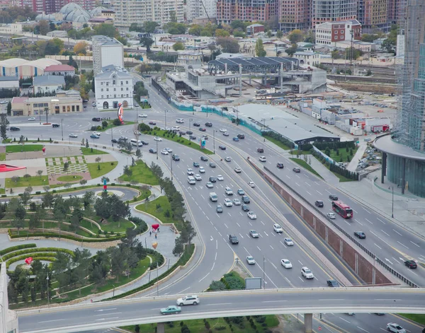 Bridges, roads. Top view . Aerial view of highway and overpass in city .Aerial photo of urban elevated road junction and interchange overpass in city with light traffic