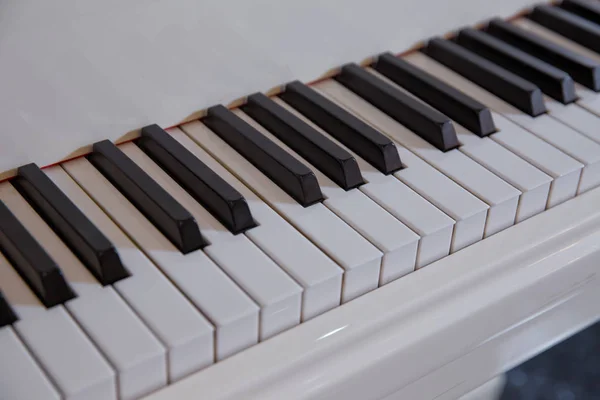 Teclado de piano de cola con teclas brillantes en blanco y negro como fondo musical en formato panorámico amplio, enfoque seleccionado, profundidad de campo estrecha — Foto de Stock