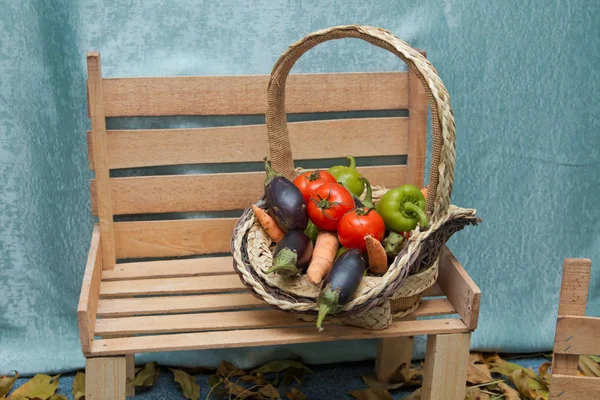Fruta de outono no cesto. Tomate, pimenta, markof, berinjela. Banco à direita. Cena de outono . — Fotografia de Stock