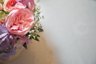 Beyaz bir arka plan üzerinde mor, pembe şakayık ile arka plan . Metin için pembe çiçek buketi .