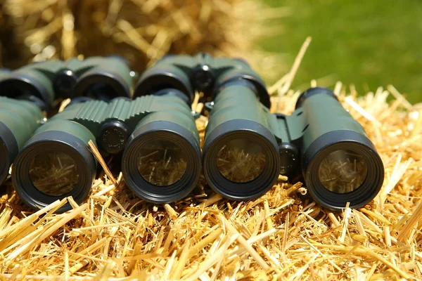 Binoculars Haystack Binoculars Brown Grass Leather Outdoors — Stock Photo, Image