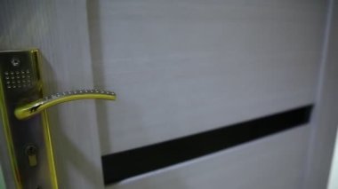 Dairenin iç kısmının yakın çekim elemanları. Kapı kolu ve mandalı olan beyaz bir iç kapının ayrıntıları. Beyaz kapı Altın saplı