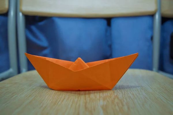 Origami Paper Ship Leadership Concept Orange Paper Ship Leading Wooden — Stock Photo, Image