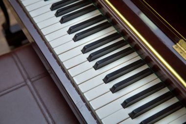 Klasik piyano klavyesinin beyaz ve kahverengi renklerinden arındırılmış hali. Piyano presleri. Piyano tuşları kapanıyor. Müzik aleti. Odaklanmayı ve yumuşak odaklanmayı seç. Tahta bir piyanonun yakın plan görüntüsü .