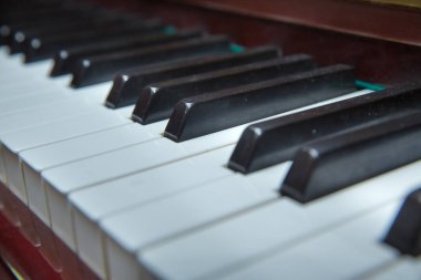 Klasik piyano klavyesinin beyaz ve kahverengi renklerinden arındırılmış hali. Piyano presleri. Piyano tuşları kapanıyor. Müzik aleti. Odaklanmayı ve yumuşak odaklanmayı seç. Tahta bir piyanonun yakın plan görüntüsü .