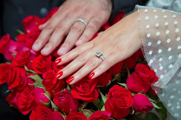 Novia y novio con anillos de oro Compromiso poner sus manos. La chica y el chico pusieron sus manos. La niña y el niño pusieron sus manos sobre las rosas rojas. Pusieron sus manos en la rosa roja . —  Fotos de Stock