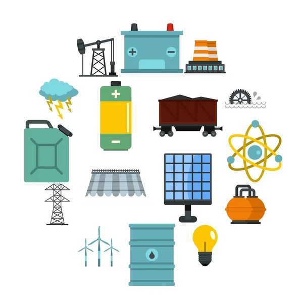 Iconos de artículos de fuentes de energía establecidos en estilo plano — Vector de stock