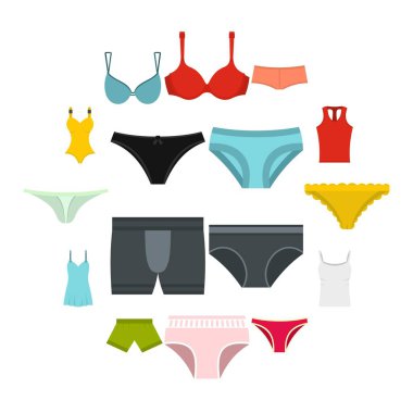 Düz stil iç çamaşırı öğeleri Icons set