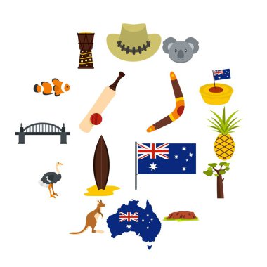 Avustralya seyahat düz Stil kümesi simgeleri