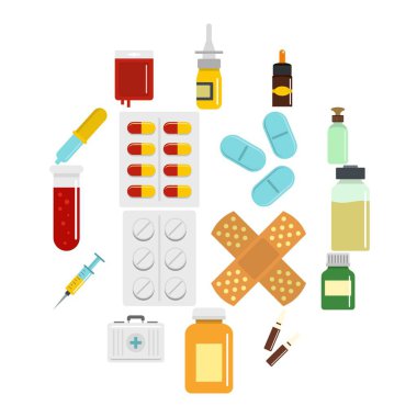 Düz tarzında farklı ilaçlar Icons set