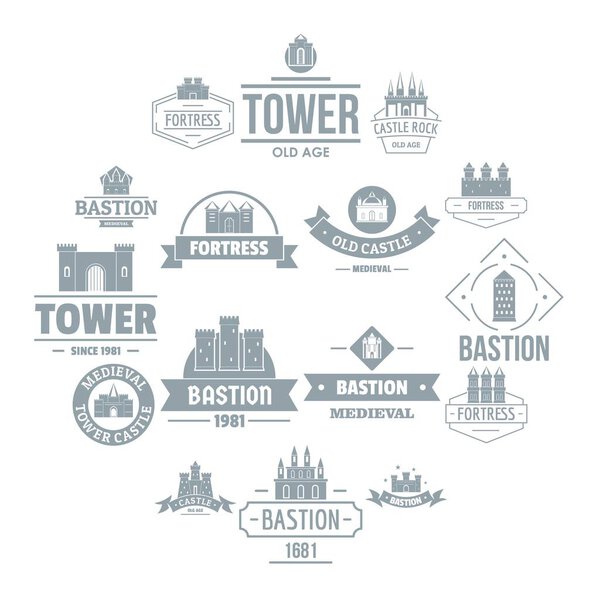 Башни замки иконки логотип набор, простой стиль

