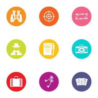 Casus oyunu simgeler kümesi. Düz beyaz arka plan üzerinde izole web için 9 casus oyun vektör simge kümesi